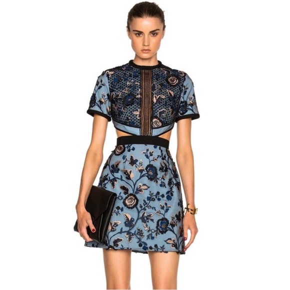 SELF PORTRAIT Florence Dress Womens 4 Blue Floral Embroider Mini Cut Out Party